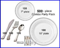 500-pc Party Pack-Premium Plastic WHITE withSilver China Plates and Silver Cutlery