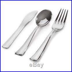 700-pc Party Pack-Premium Plastic WHITE withSilver China Plates and Silver Cutlery
