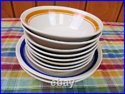 Heavy Restaurant Earthenware Color Banded 2 Mixing Bowls and 8 Cereal Bowls