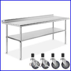 Kitchen Restaurant Stainless Prep Table with Backsplash and 4 Casters 24 x 72