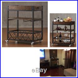 Serving Buffet Wheel Cart Wood Iron Removable Tray Wine Plate Rack Home Kitchen