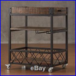 Serving Buffet Wheel Cart Wood Iron Removable Tray Wine Plate Rack Home Kitchen