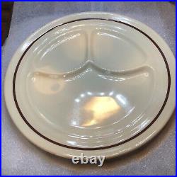 Set of 8 Vintage BUFFALO CHINA CAFE 9 1/2 Divided Plates Tan with Burgundy Stripe