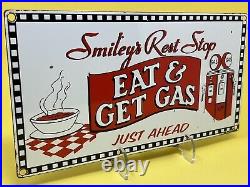Vintage Smileys Rest Stop Porcelain Sign Gas Oil Pump Plate Restaurant Route 66